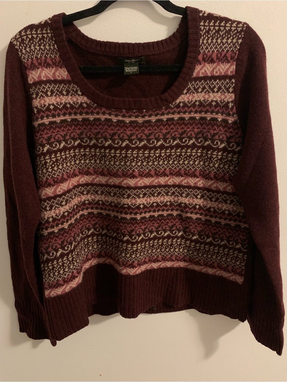 Eddie Bauer  Maroon Fair Isle Crewneck Sweater with Pink and Cream Accents
